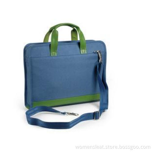 Blue Nylon Notebook Tote Bag with Green Handle for Business